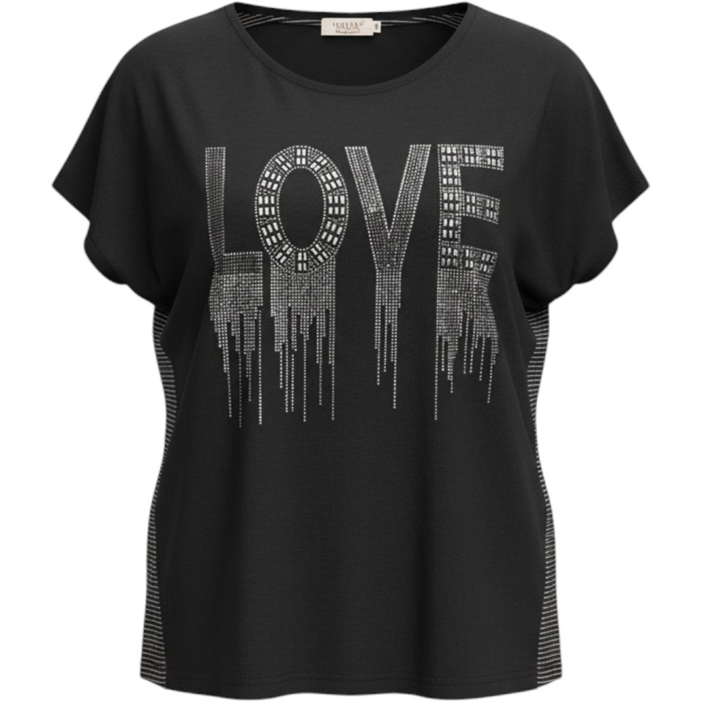 Julia Top Women S/M Black LOVE Rhinestone Graphic Striped Back Short Sleeve
